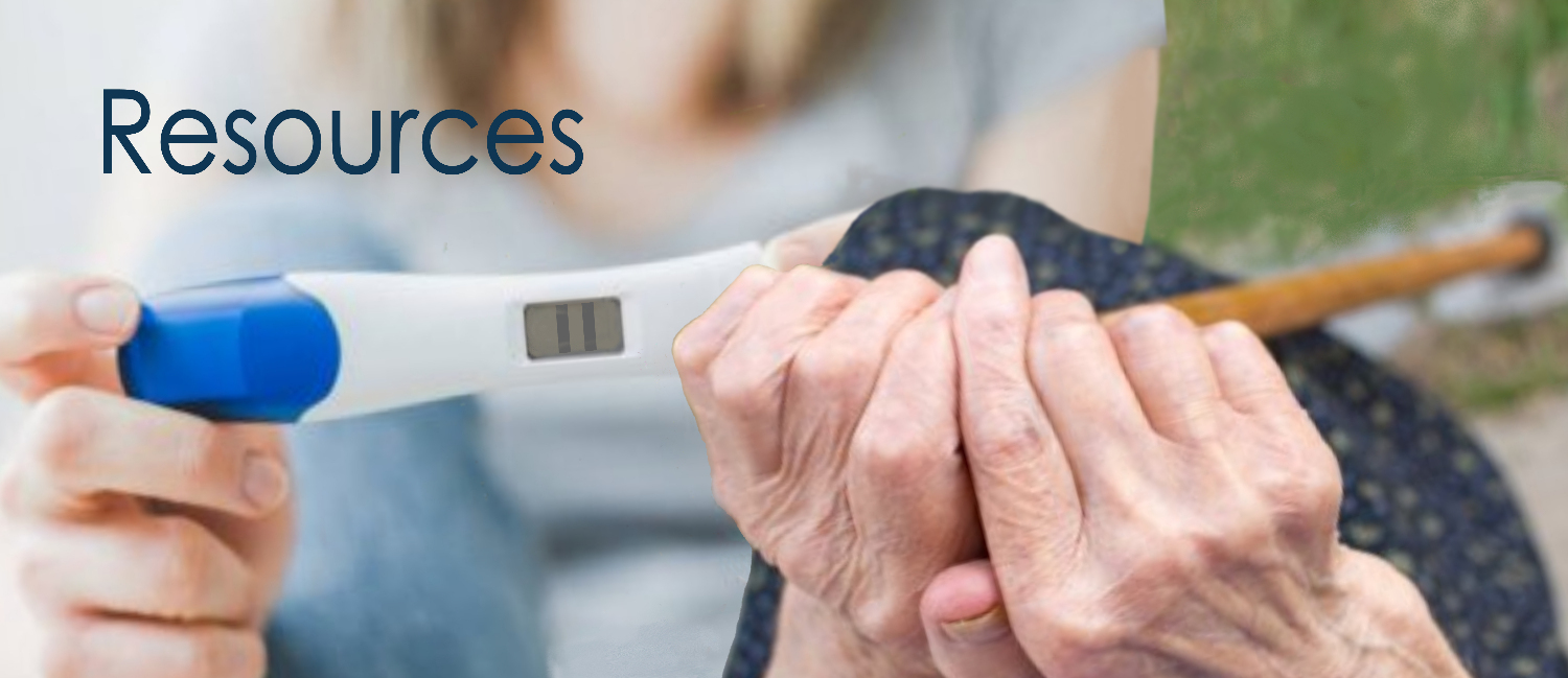 Picture of an elderly woman holding a cane superimposed on a girl holding a pregnancy test. 